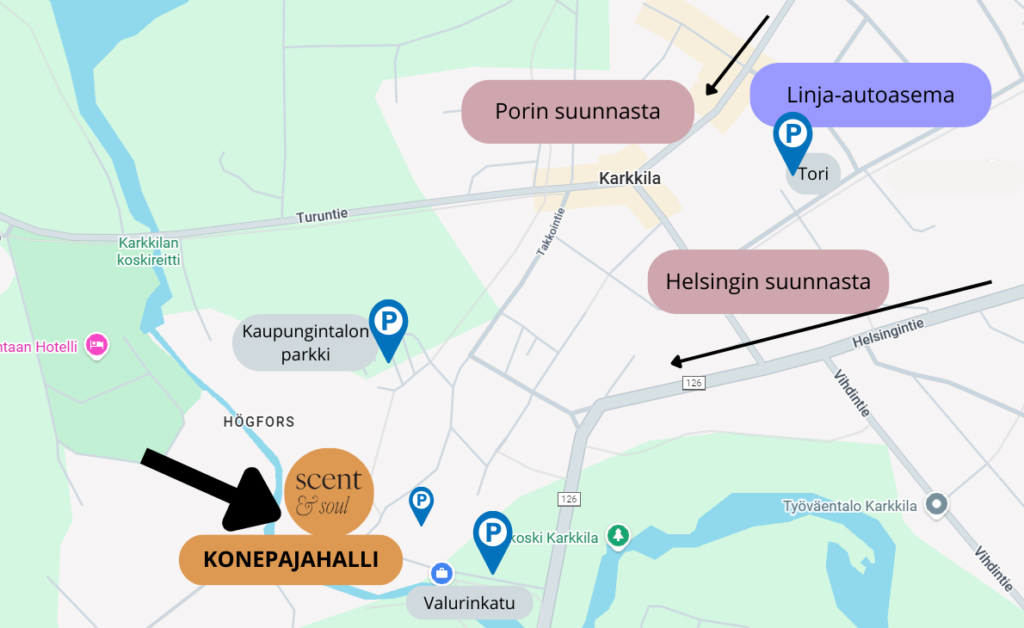 Scent&Soul tuoksutapahtuman sijainti kartalla. Saapuminen, linja-autoasema ja parkkipaikat.